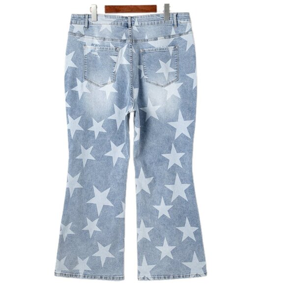 💫 Sky Blue Star Print Distressed Slit Knee Jeans – Plus Size 1X - Picture 5 of 6